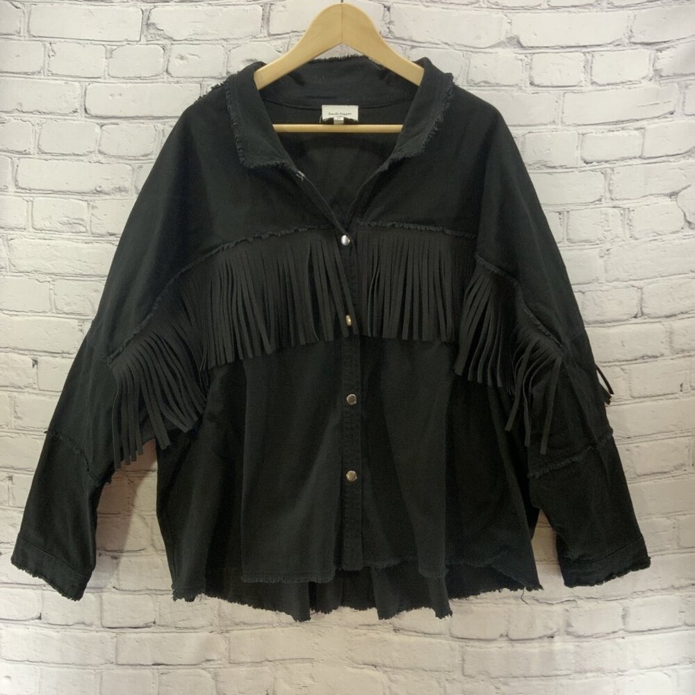 Haute Hippie Tribe Black Jacket Womens Sz 2X‎ Microfiber Fringe Hippie Boho
